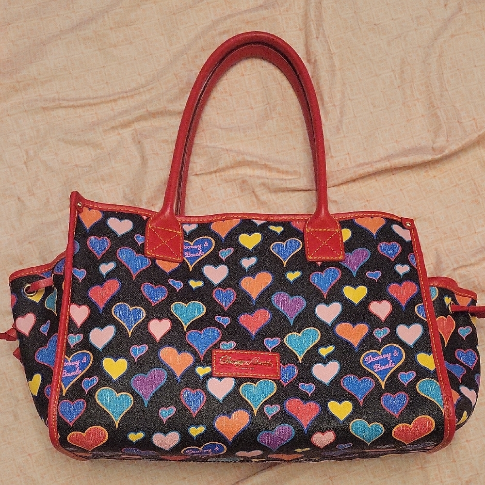 Dooney & Bourke Black Tote with Multicolor Heart Print and Red Trim